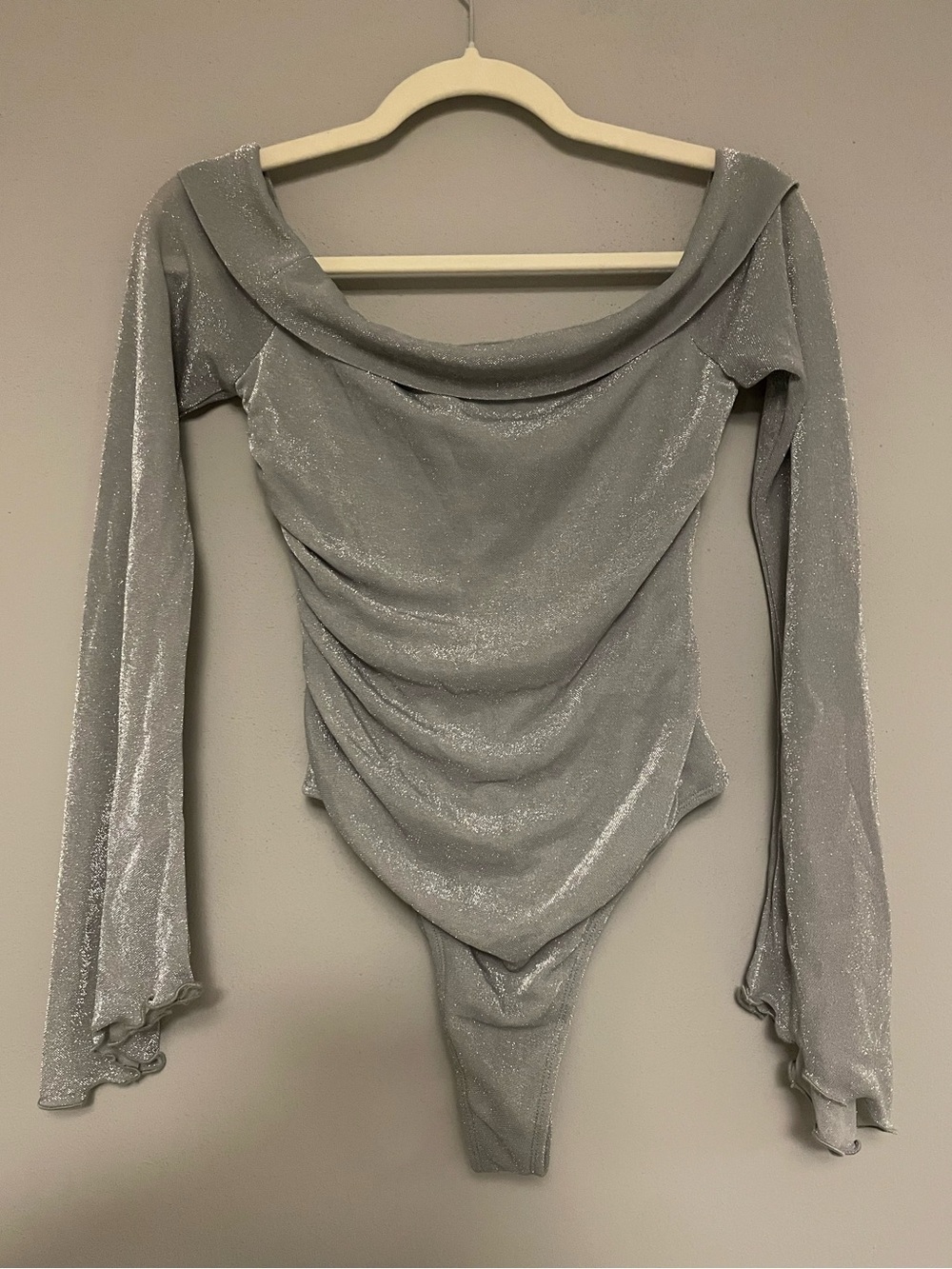 Princess Polly Tully Off The Shoulder Draped Bodysuit in Grey - Size 6